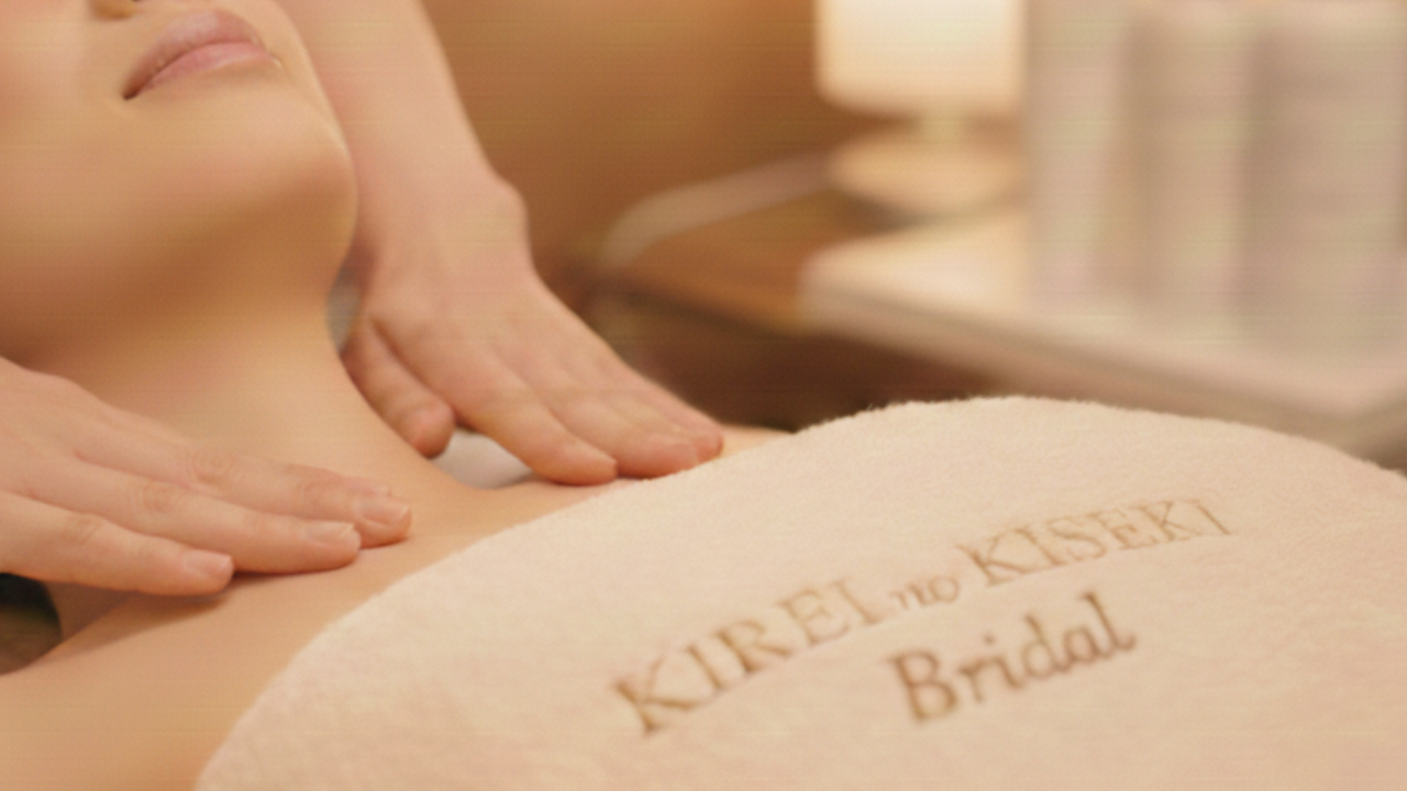 施術ベッドでケアを受ける花嫁のデコルテ