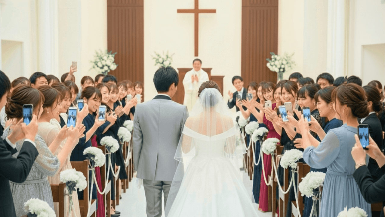 ゲストがスマホで撮影する挙式シーン