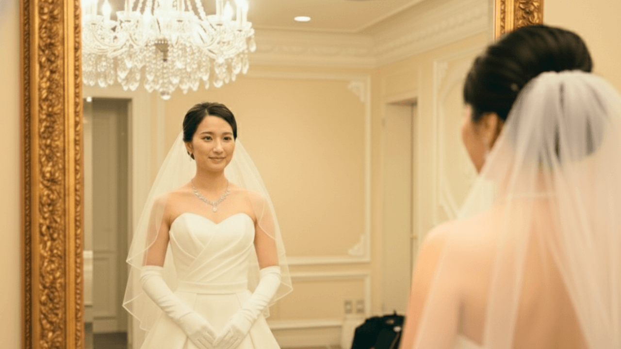 挙式前、鏡の前で静かに自分を見つめる花嫁