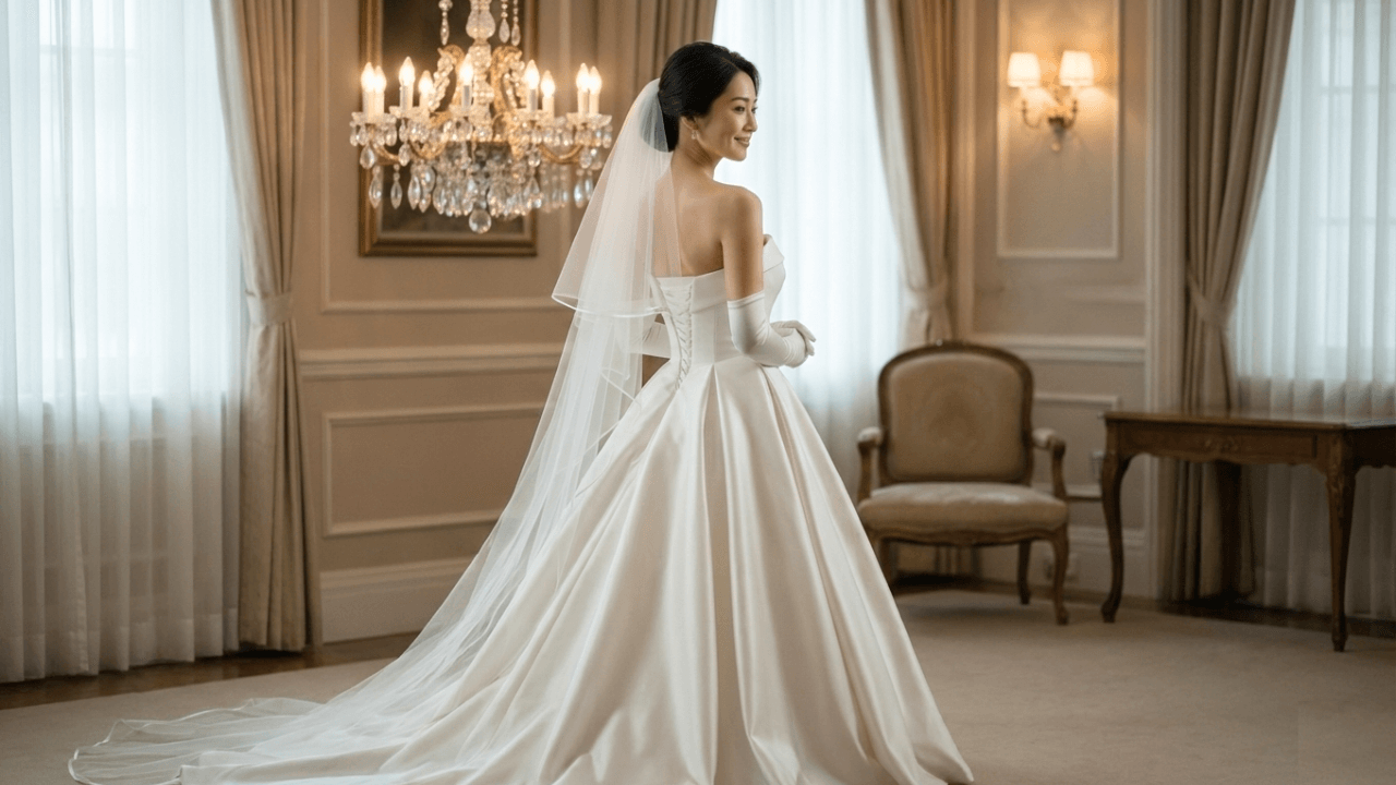 背中の開いたドレスを纏う花嫁の後ろ姿